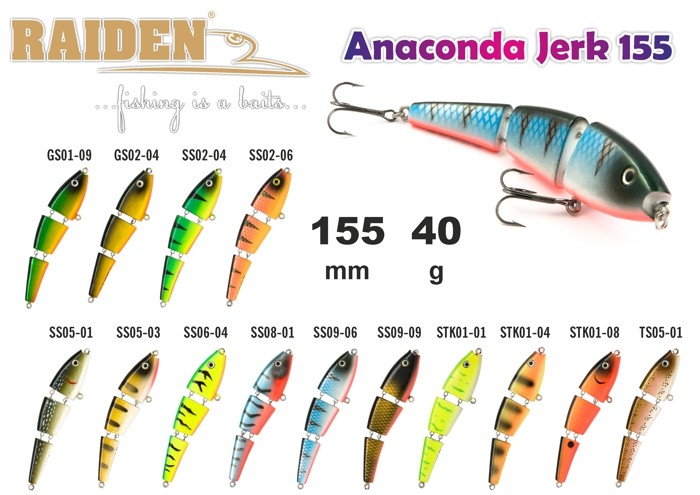 @ Vobleris RAIDEN «Anaconda Jerk» 155 WS (40 g, 155 mm, krāsa STK01-04, iep. 1 gab.) koks